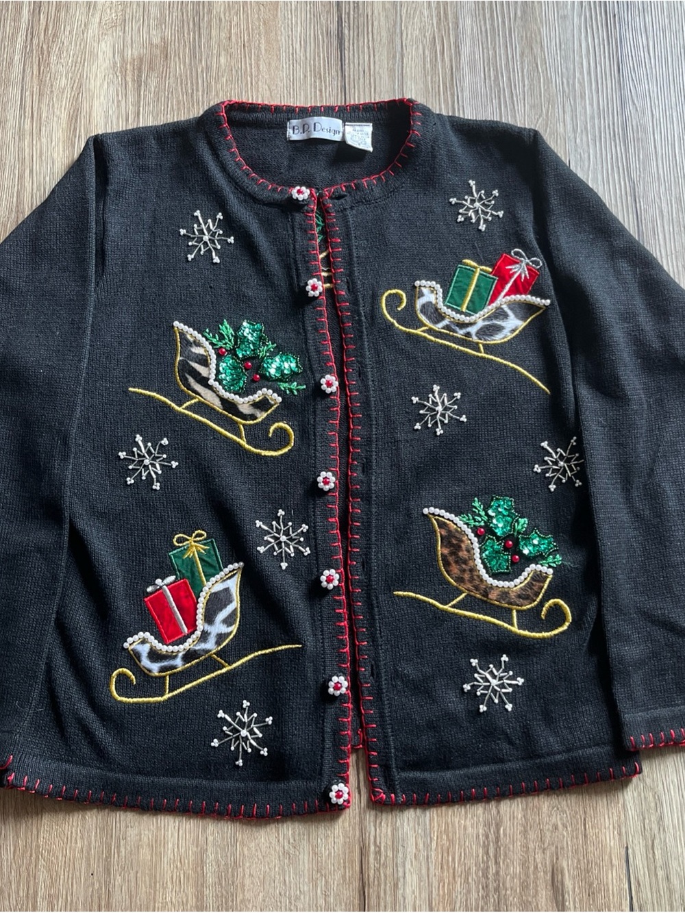 BP Design Ugly Christmas Sweater Cardigan Beaded Sz S Black Sequin Sleds Holiday